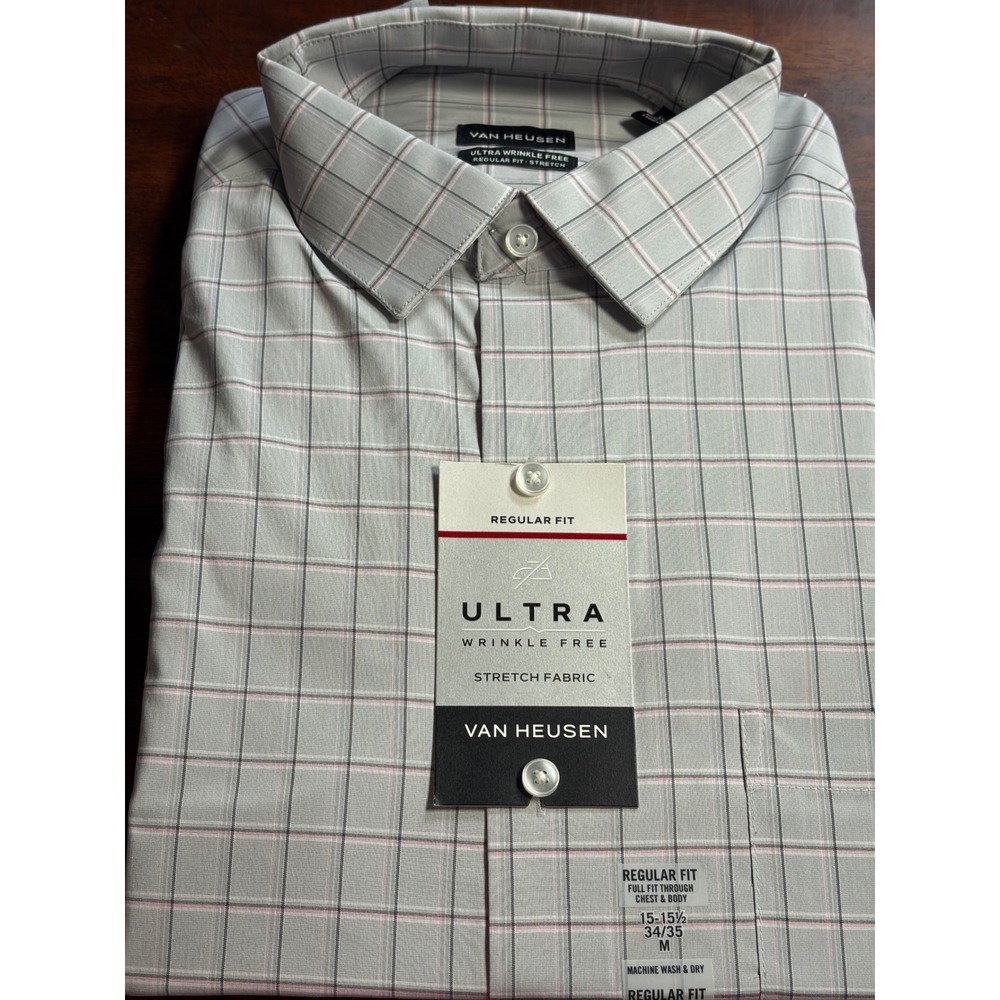 Van Heusen Mens Ultra Wrinkle Free Regular Fit Stretch Dress Shirt Steel Pink M